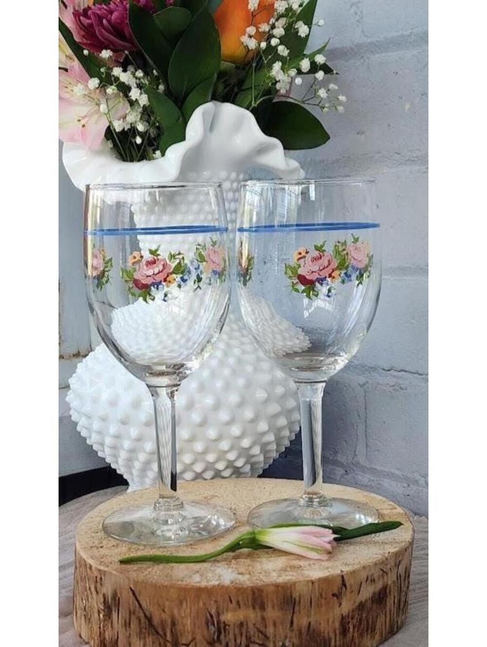 Vintage Floral Wine Glass Set of 6 Cottagecore Glassware